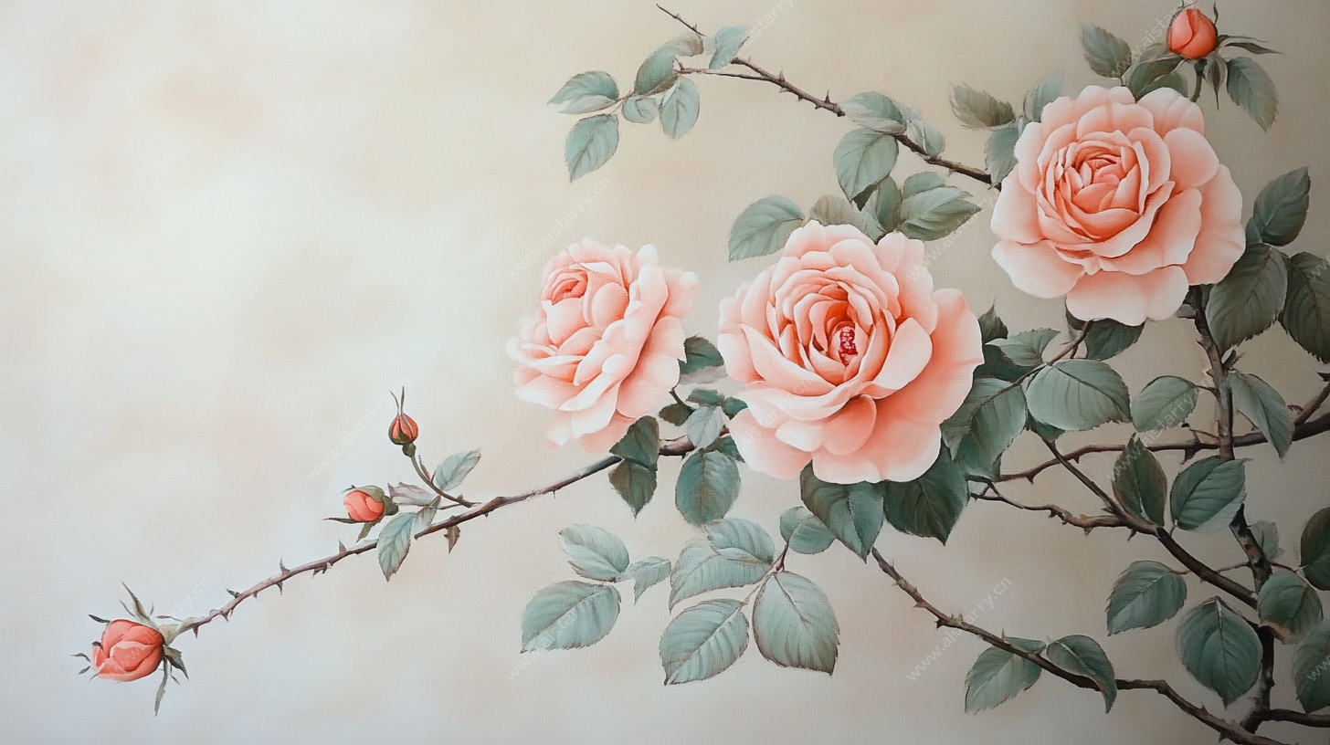 粉色玫瑰枝上绽放画面