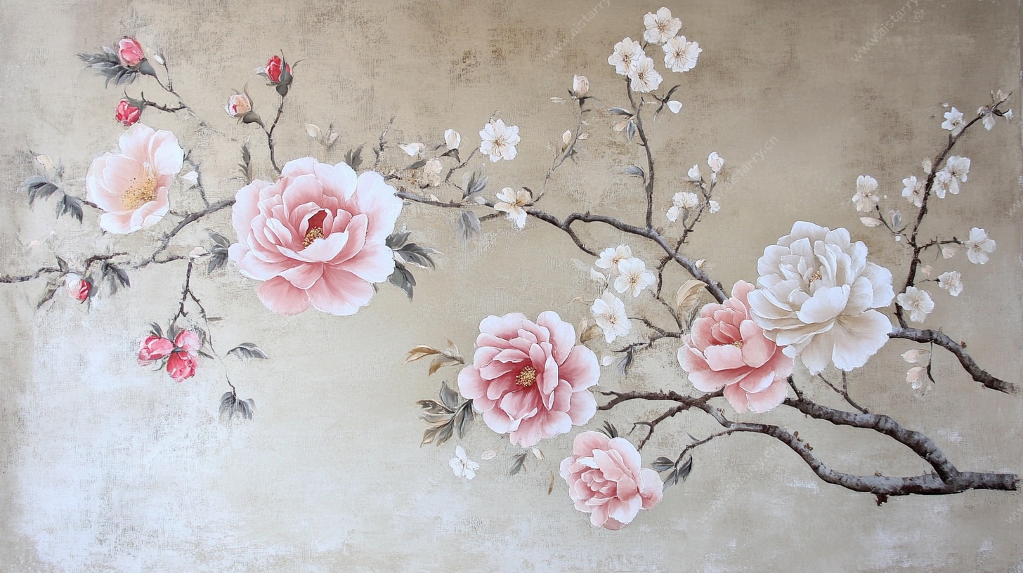 中式花卉枝头绽放图景