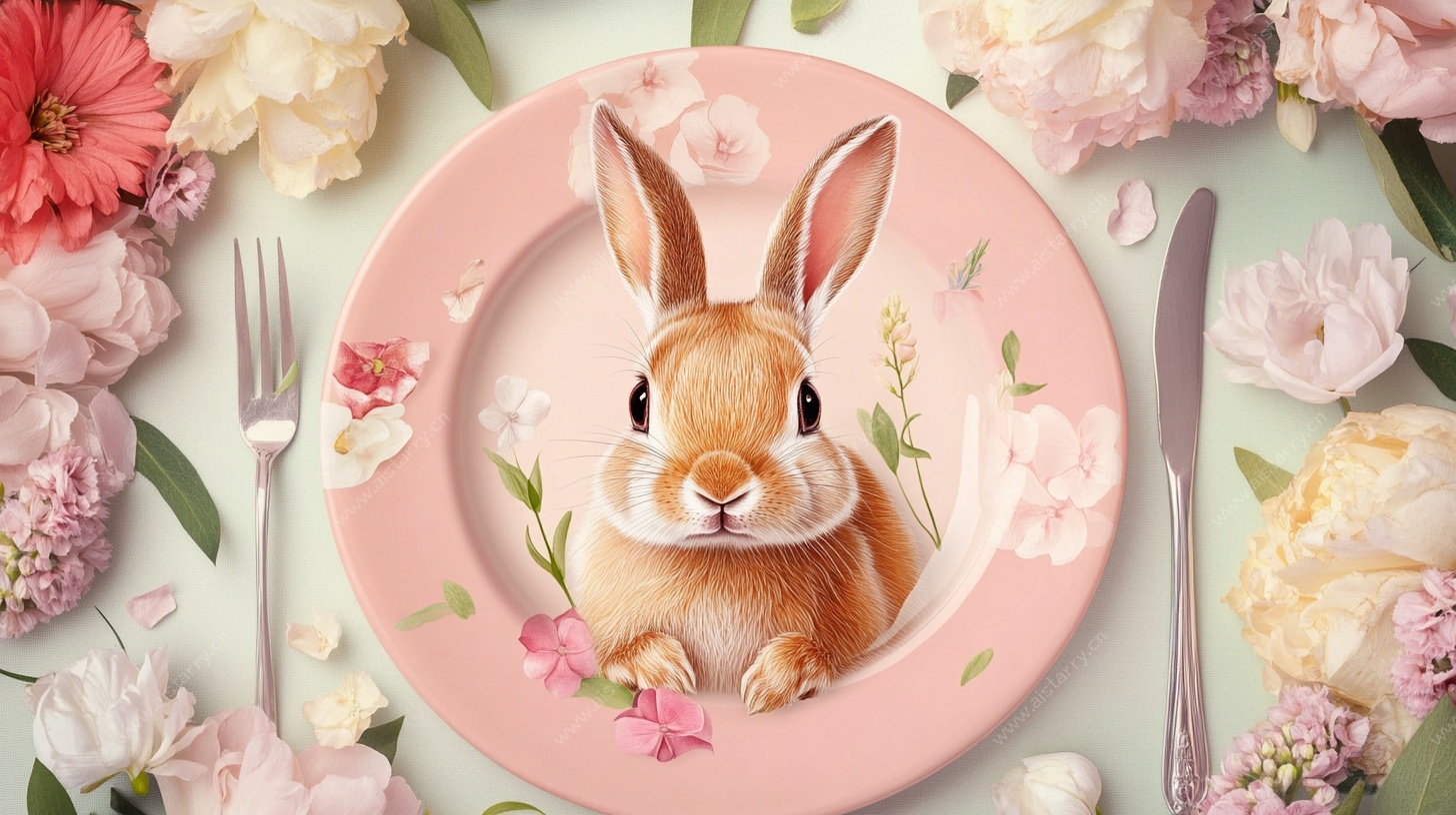 盘中萌兔与花卉盛宴