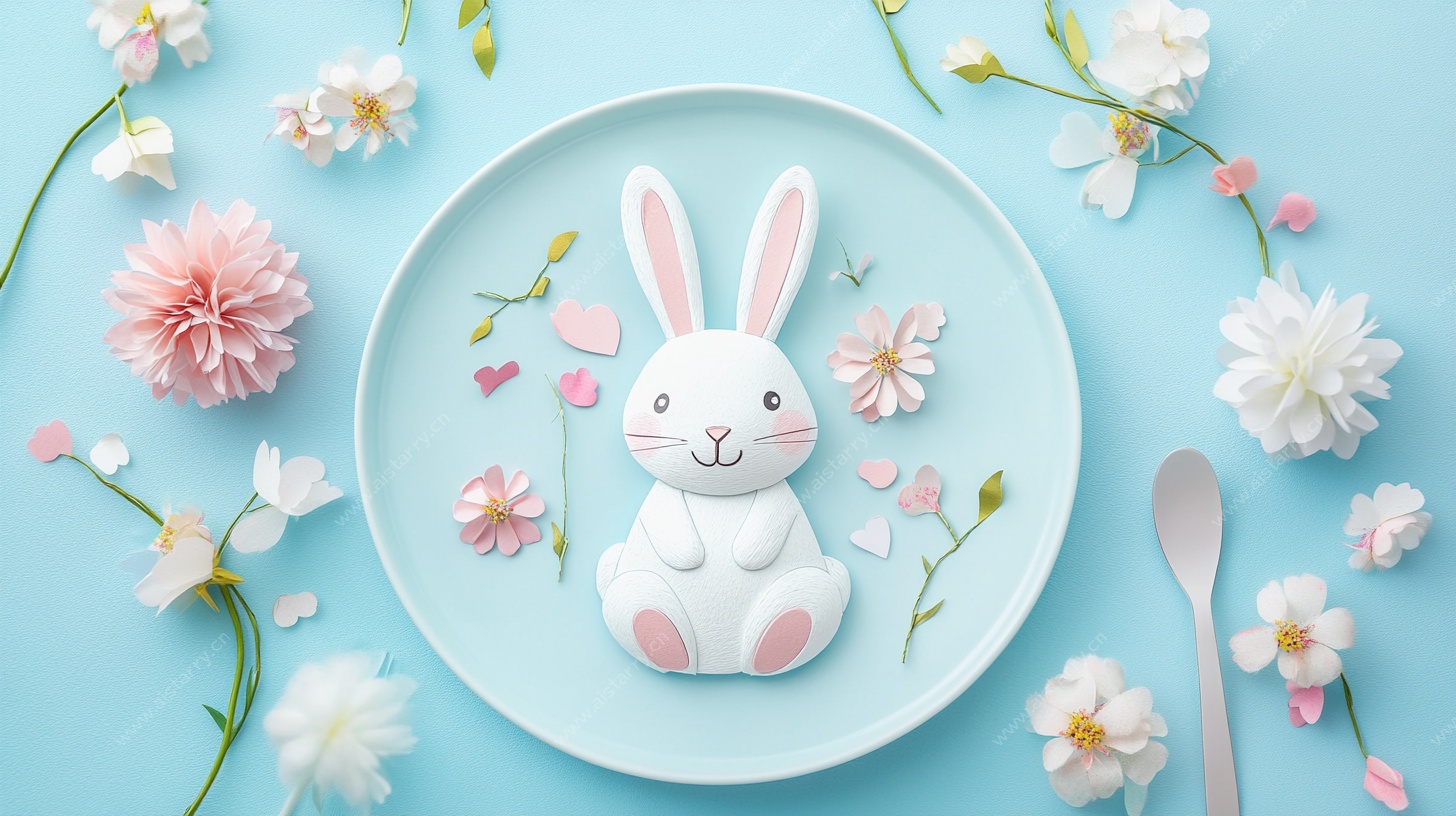 蓝盘萌兔与烂漫花卉组合