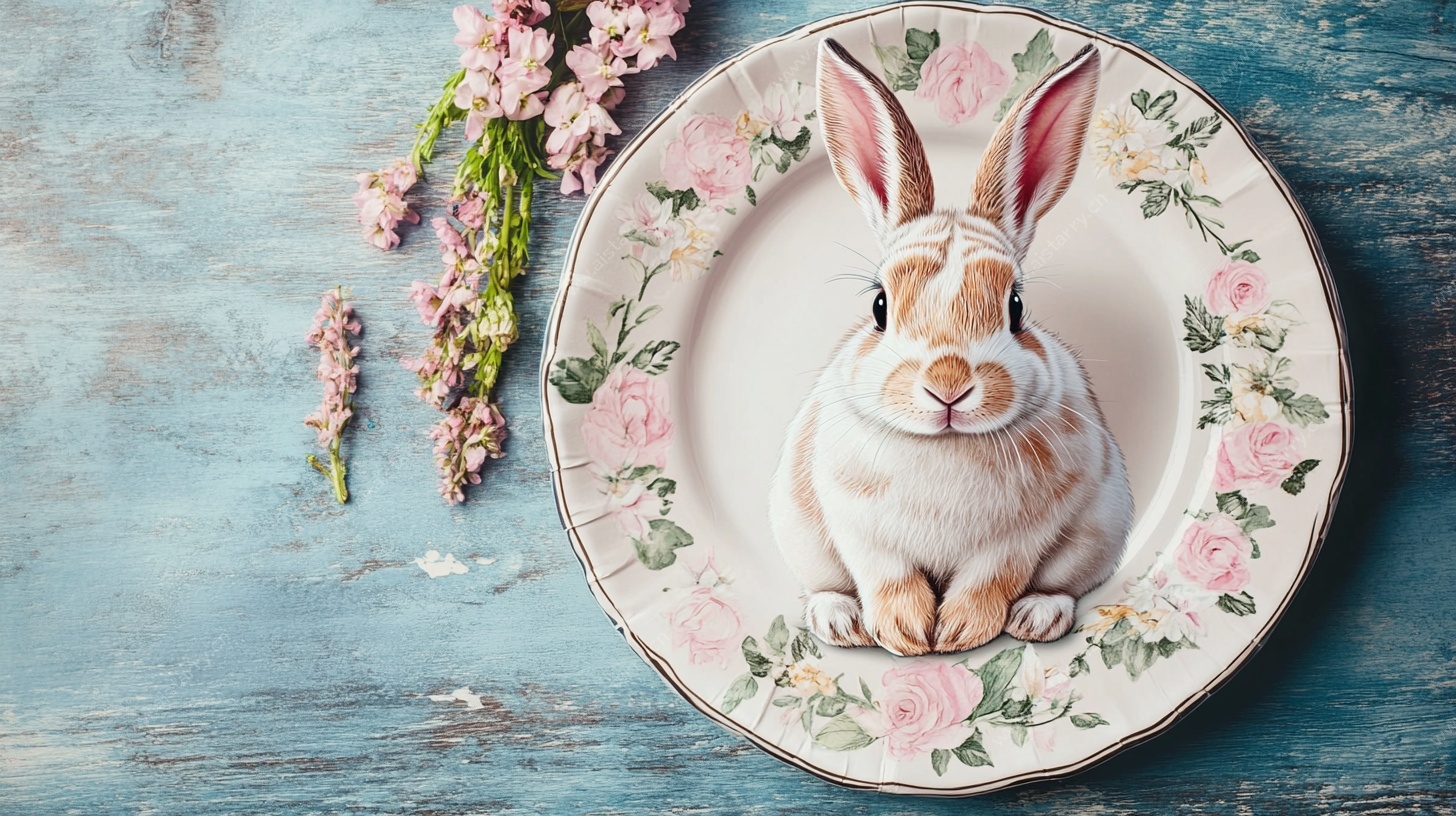 瓷盘上的萌趣兔子插画