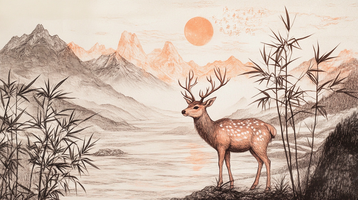 鹿立山水间 日暮竹影伴
