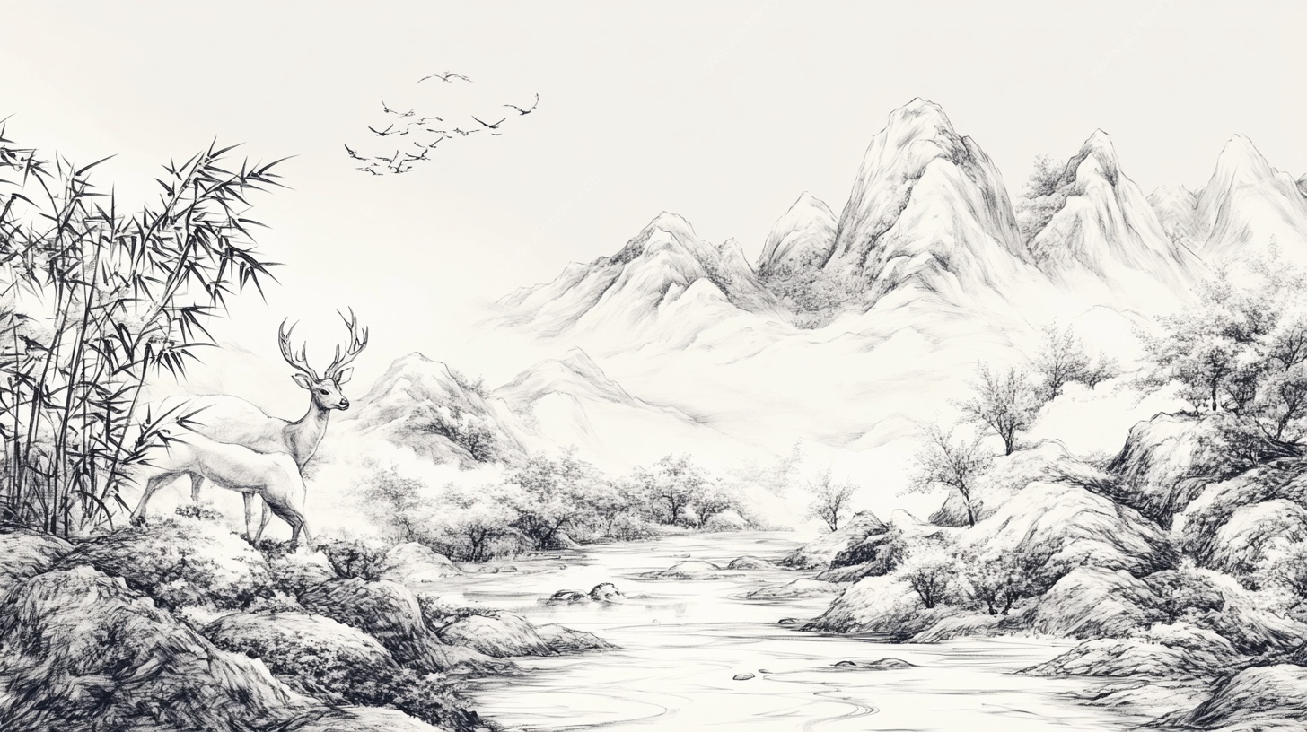 水墨山林间的鹿影