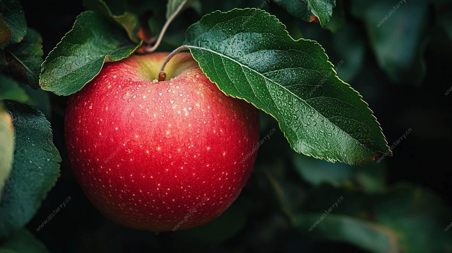 红苹果与绿叶特写