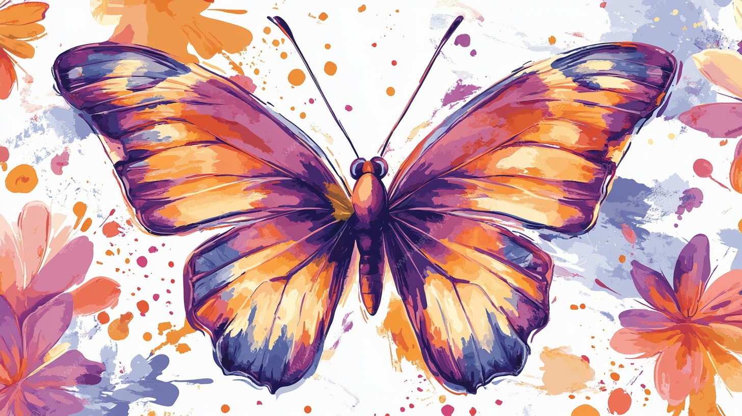 水彩蝴蝶花卉梦幻插画