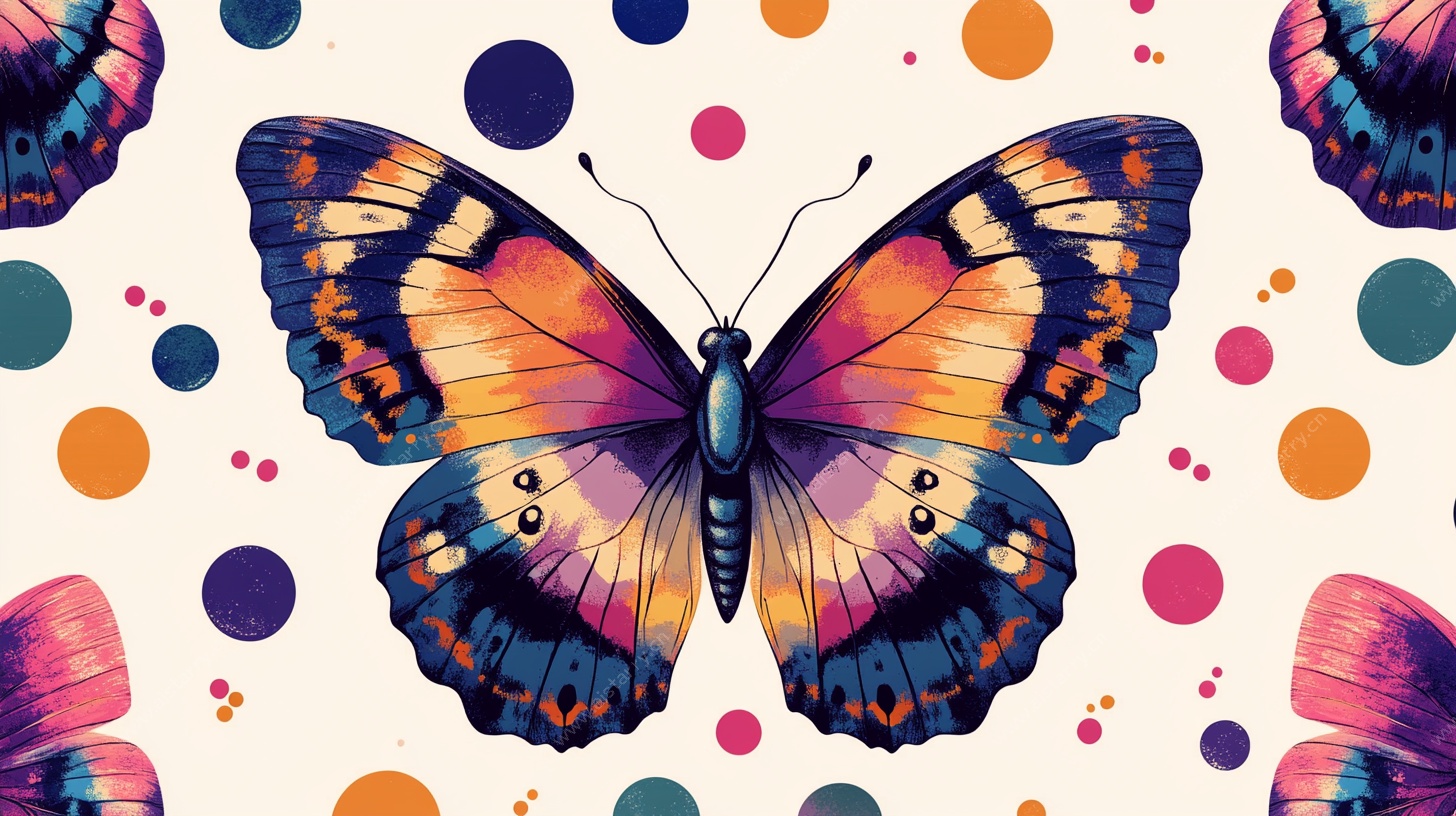 多彩蝴蝶与波点图案背景
