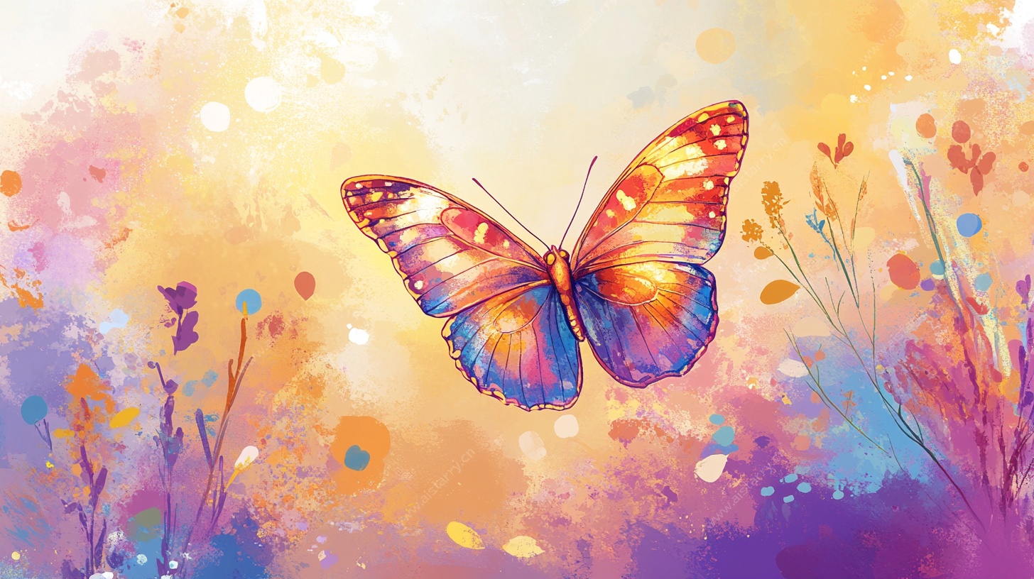 梦幻蝴蝶水彩花卉图景