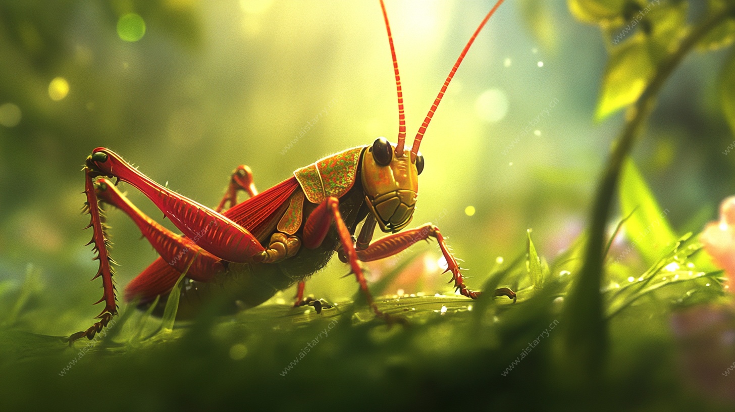 红蝗虫于绿野间的奇幻瞬间