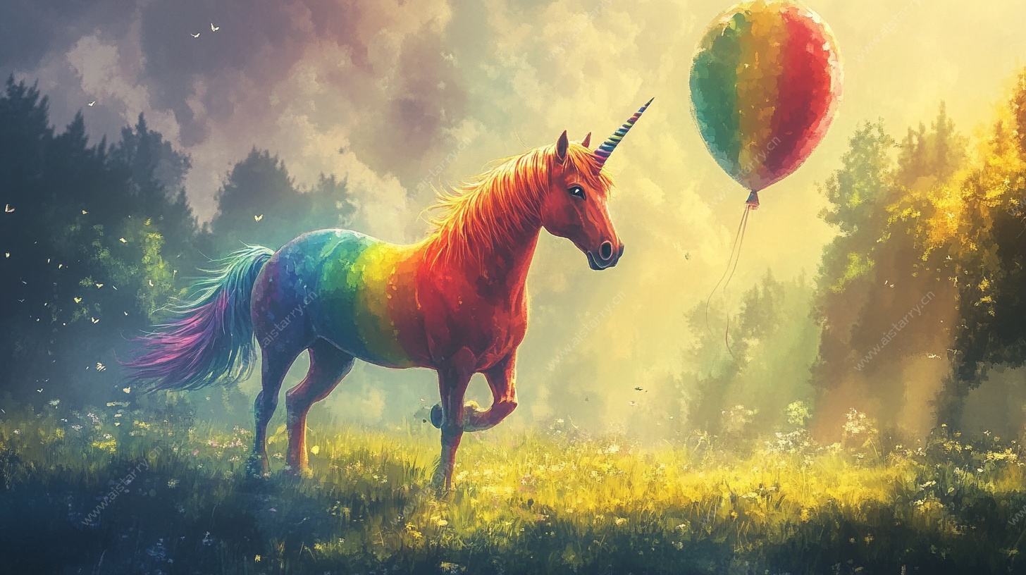 梦幻彩虹独角兽与气球