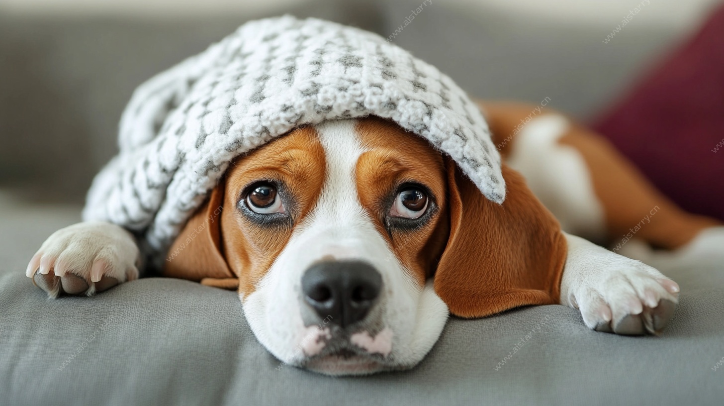 可爱比格犬戴帽趴卧沙发