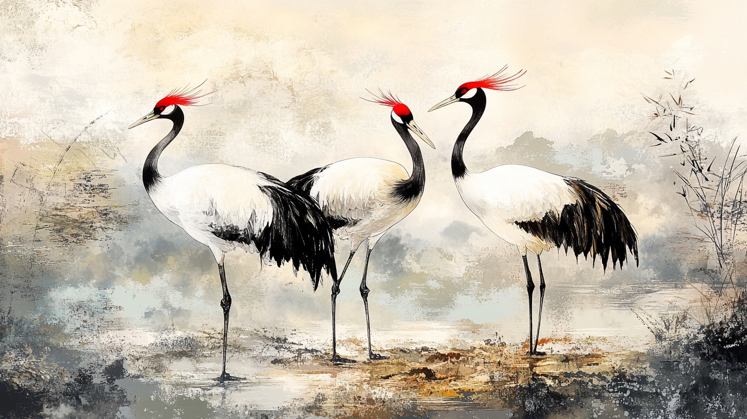 三只丹顶鹤水墨风画作