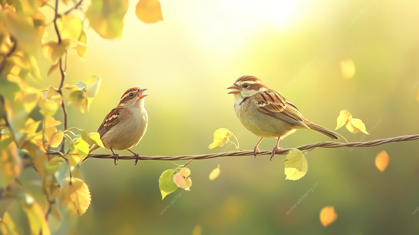 阳光下双雀栖枝图