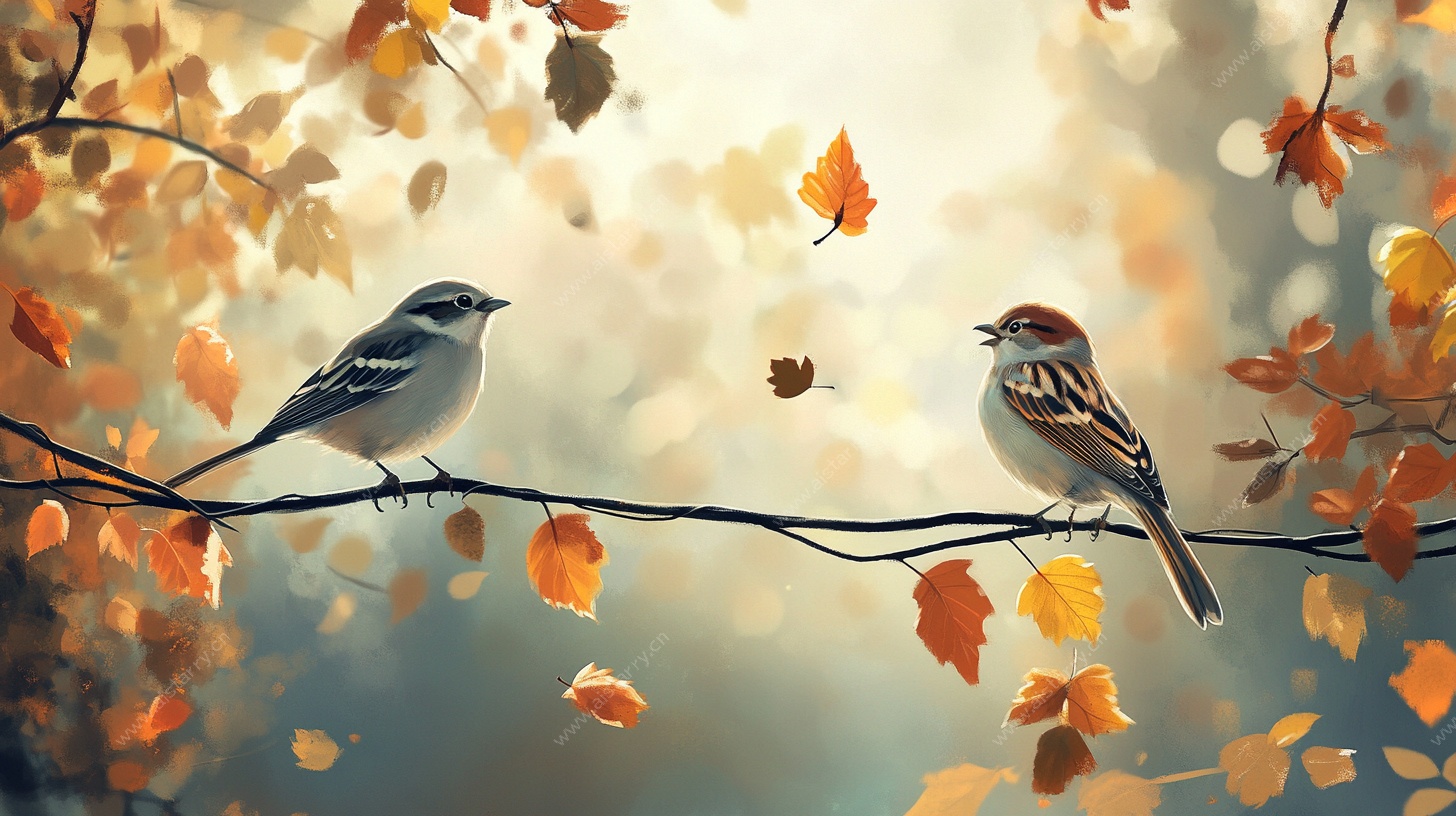 秋日双雀栖枝图