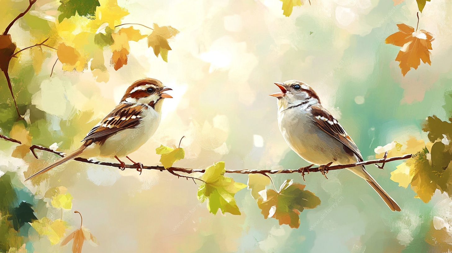 秋日双雀栖枝图