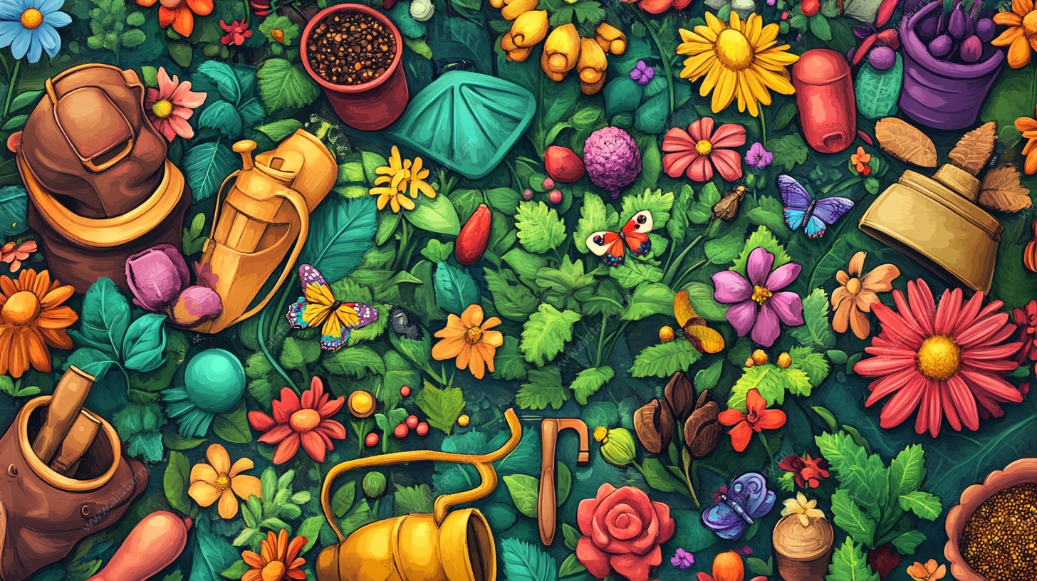 缤纷园艺工具花卉插画