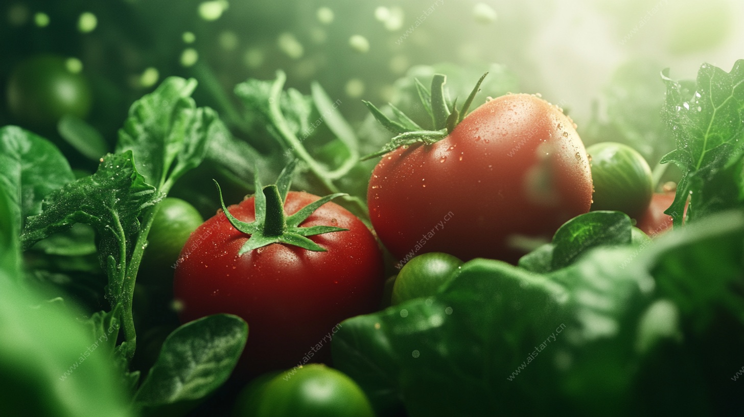 新鲜番茄与绿叶蔬菜特写