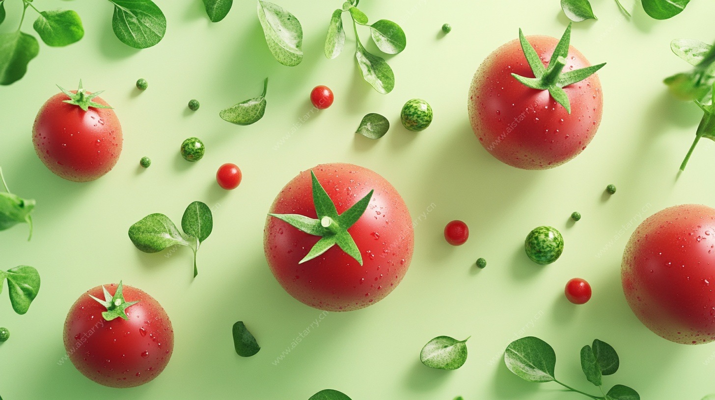 新鲜番茄与绿叶静物图