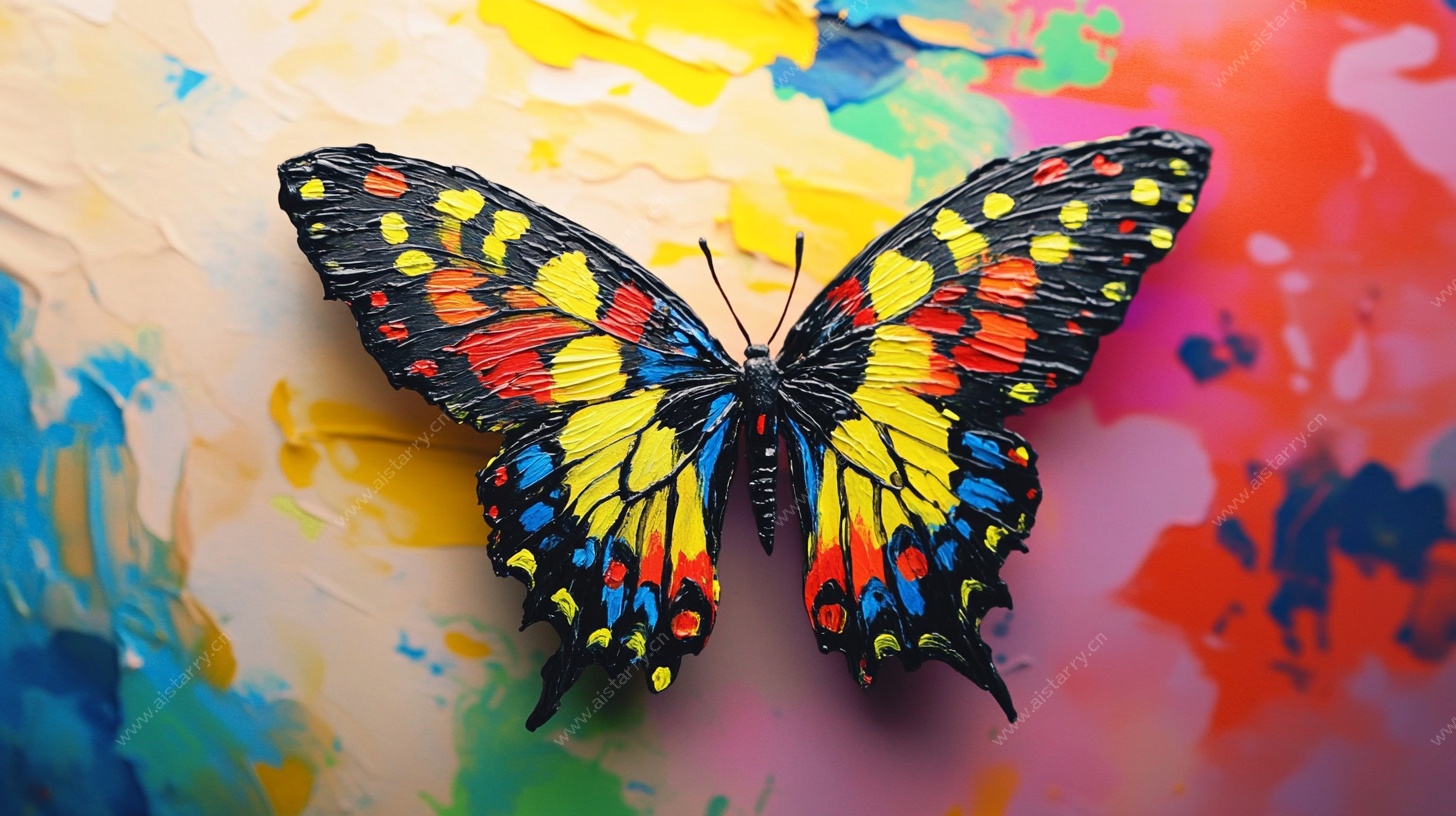 彩色蝴蝶停于多彩画布上