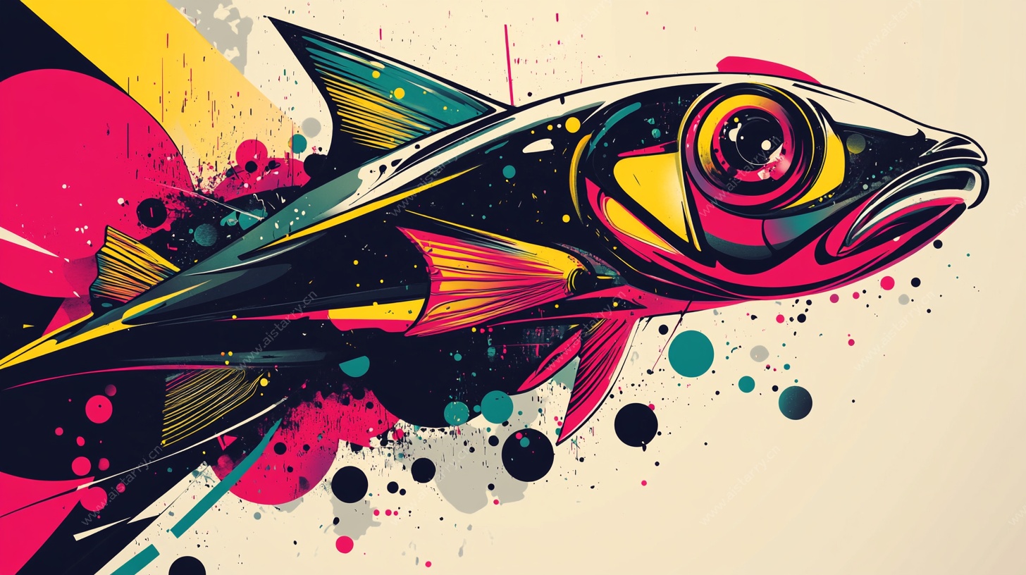 多彩泼墨风格鱼形插画