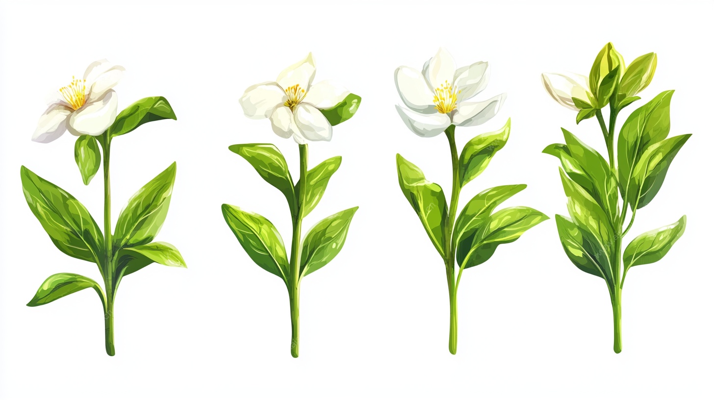 白色花朵绿叶插画作品