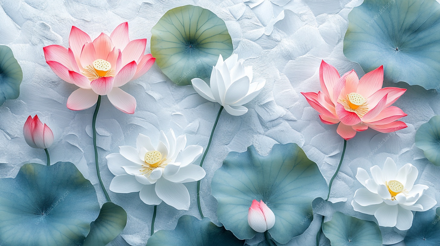 立体浮雕风荷花花卉图