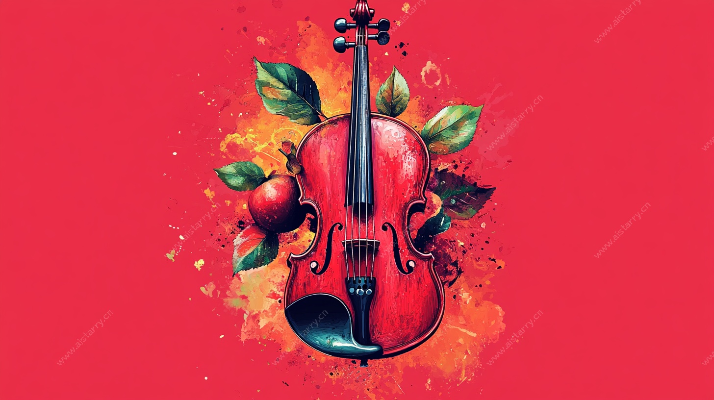 红色小提琴与苹果插画