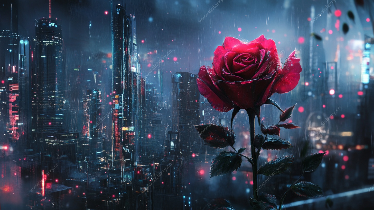 城市夜空中的孤独红玫瑰