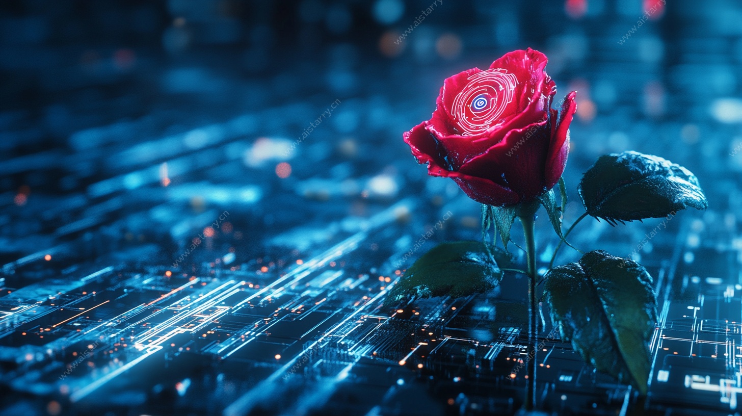红玫瑰绽于科技背景中