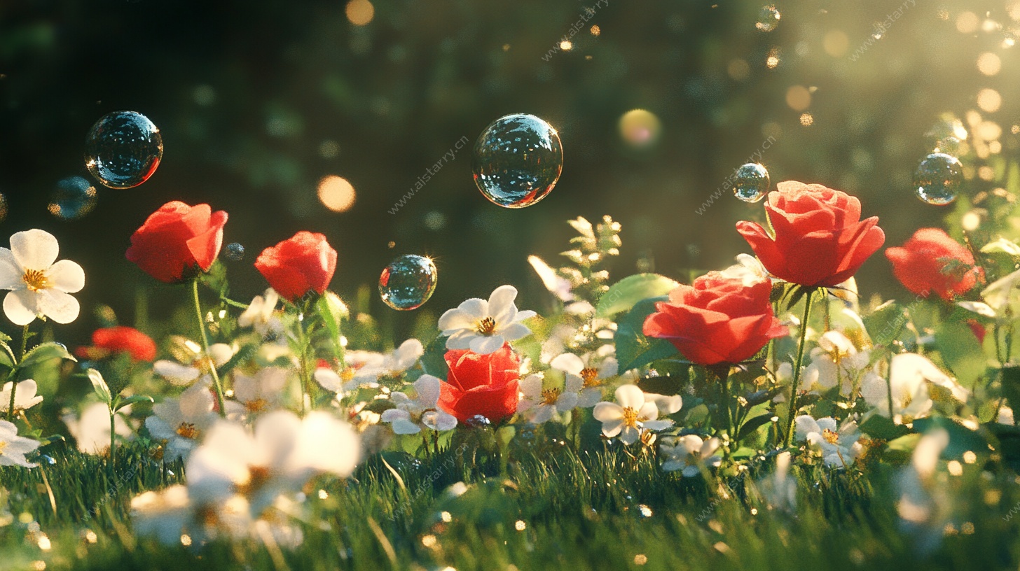 阳光下花丛中的梦幻泡泡
