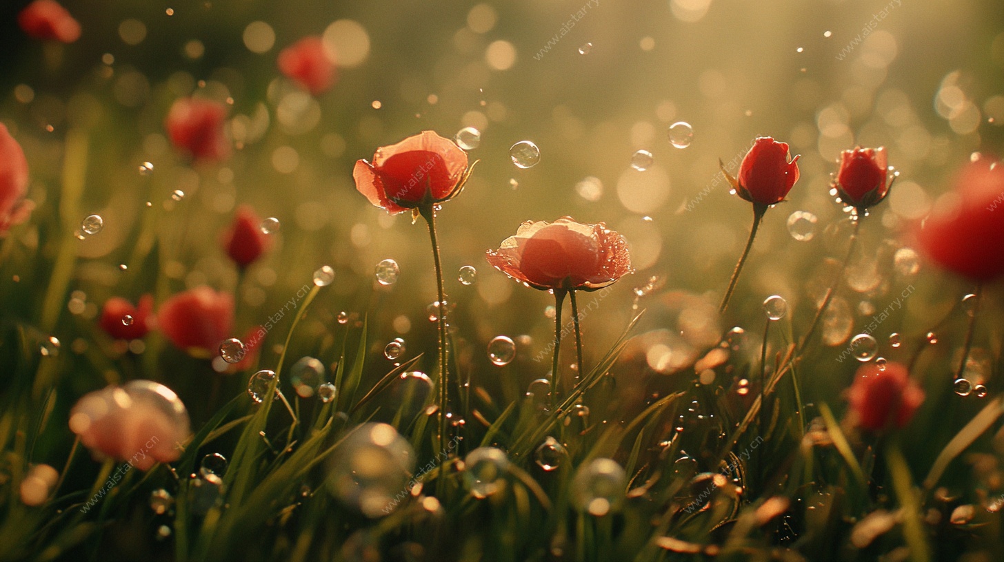 晨露中的红色虞美人花海