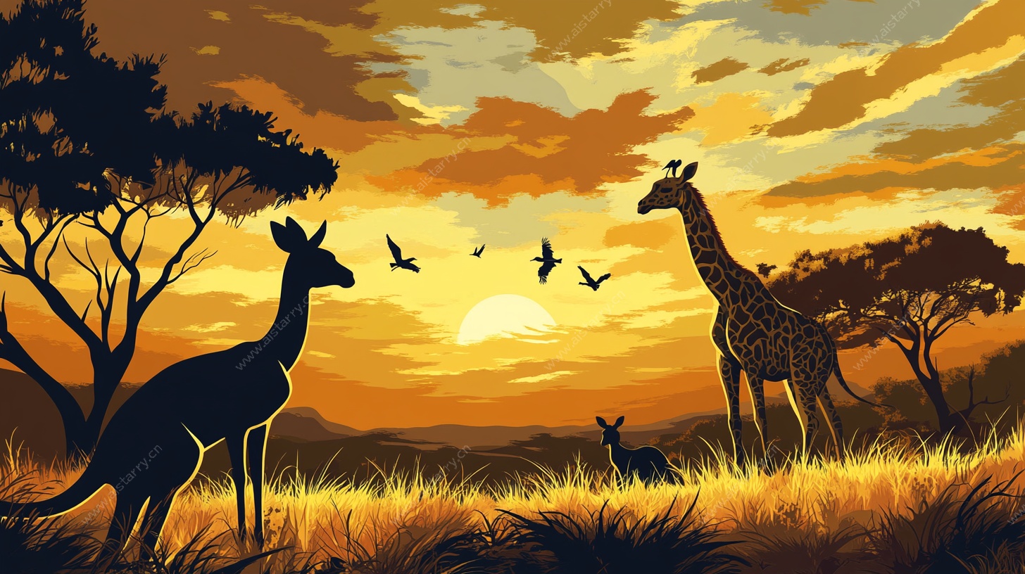 夕阳下的动物草原图景