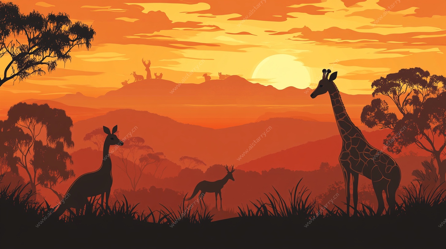 非洲草原黄昏动物剪影