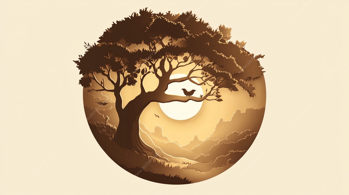 圆形夕阳下的孤树剪影