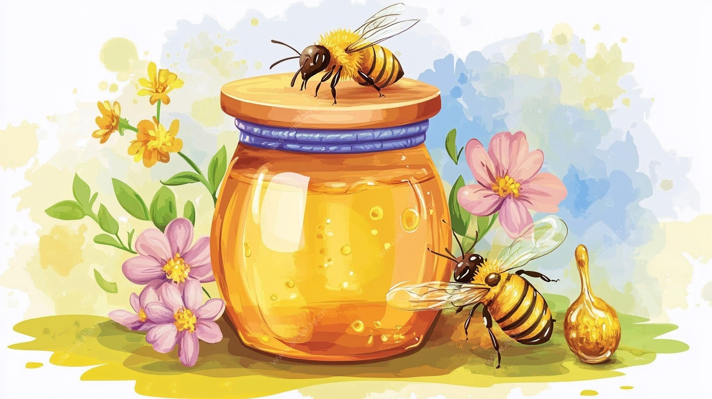 蜂蜜罐旁的忙碌蜜蜂插画