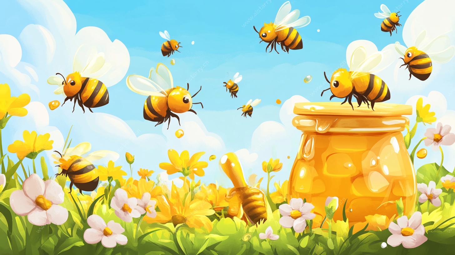 蜜蜂采蜜的田园插画