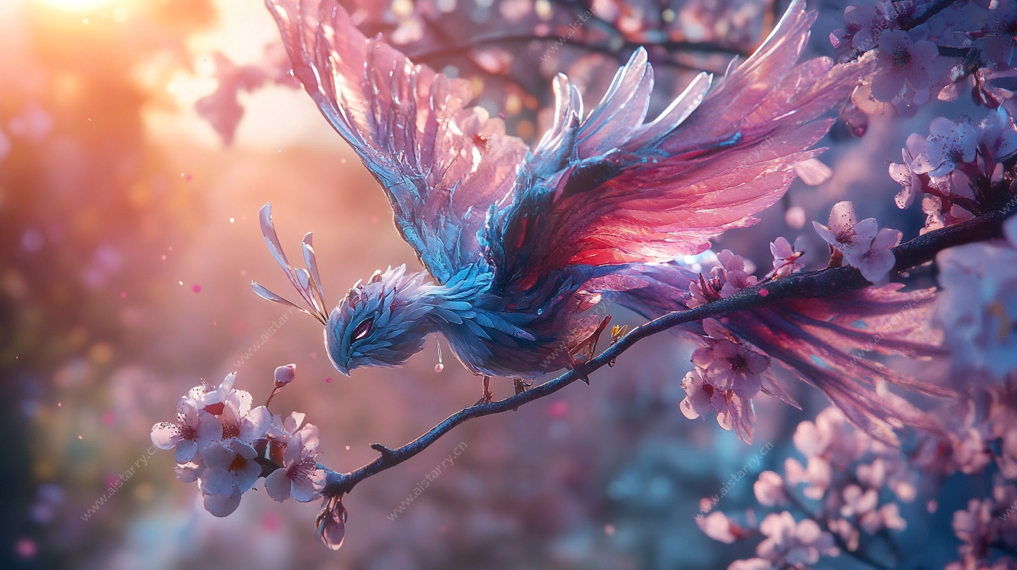 梦幻彩羽飞鸟栖于花枝间