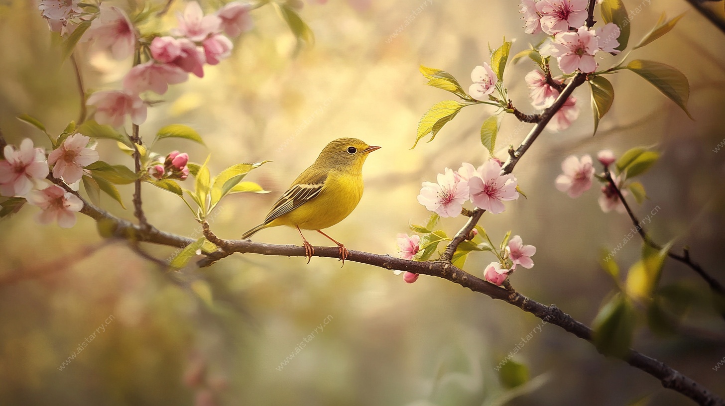 黄莺栖繁花枝头美如画