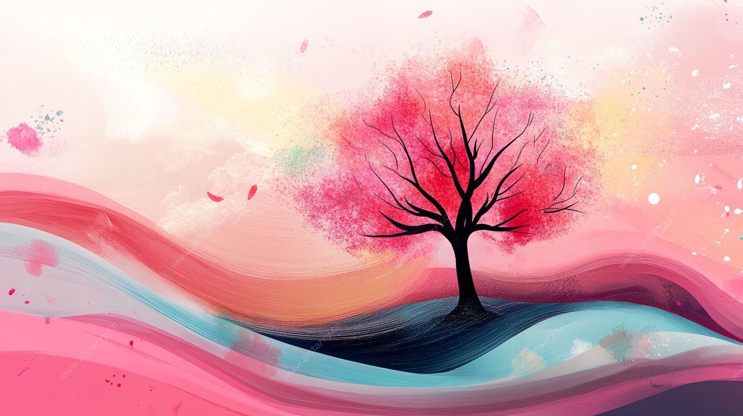 梦幻粉色树风景插画