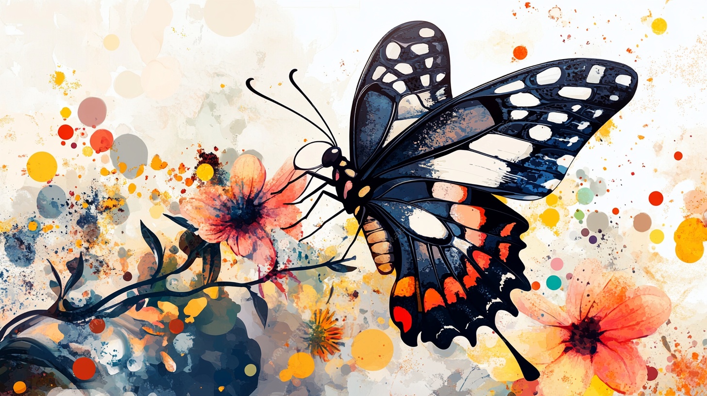 蝴蝶栖花水彩艺术画