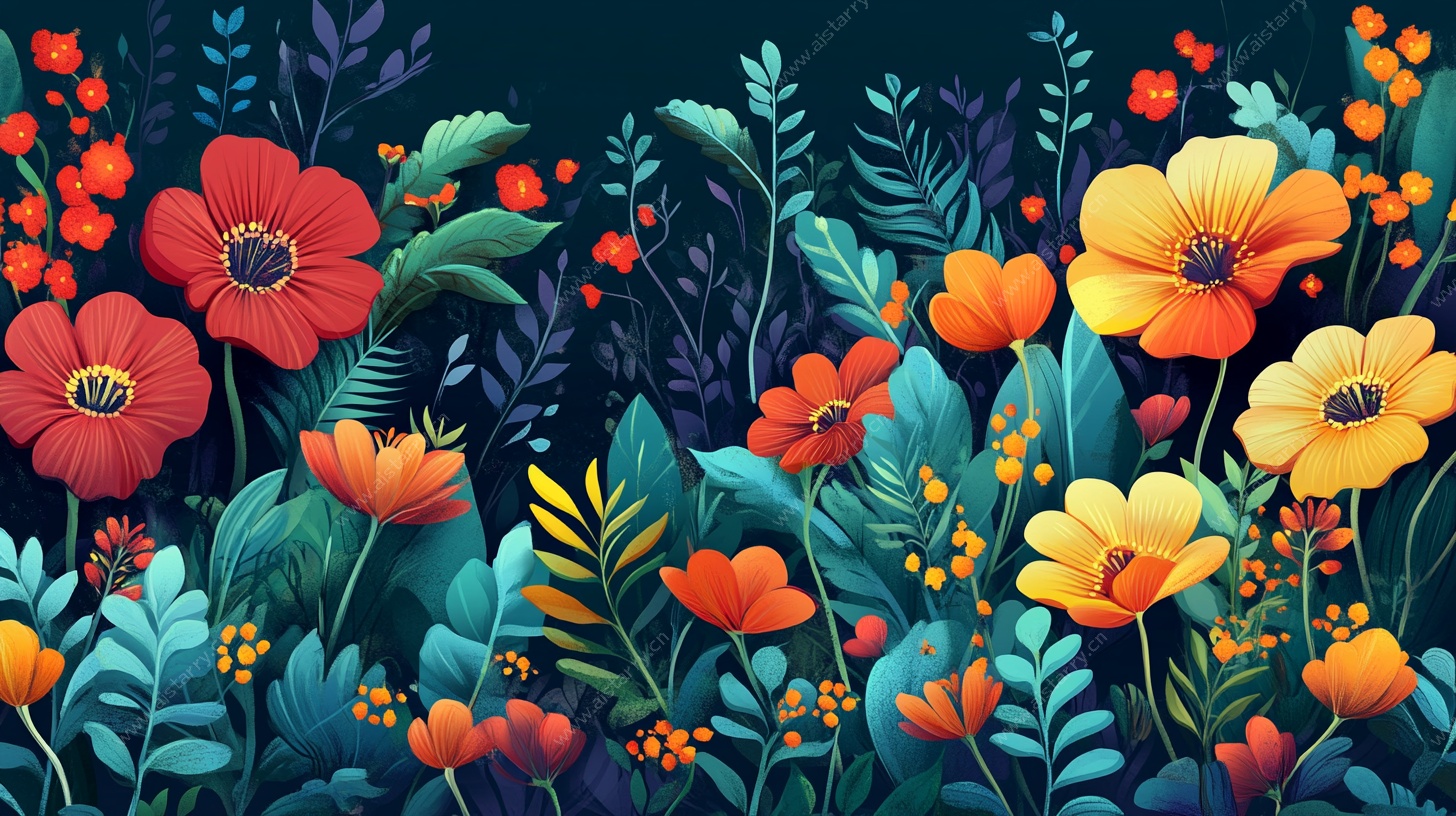 繁花绿叶的梦幻植物绘景