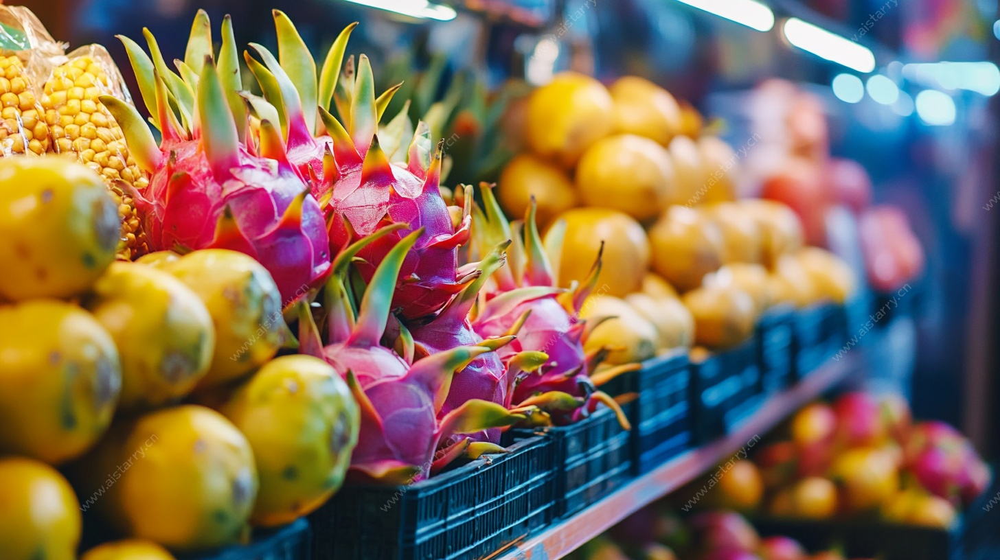 货架上的多彩新鲜水果