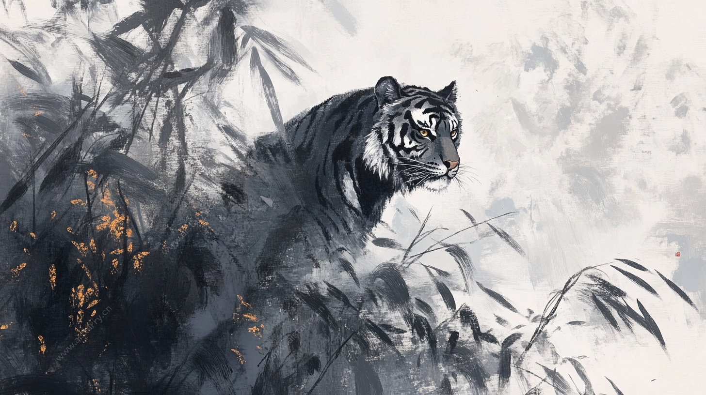 水墨虎影竹林间