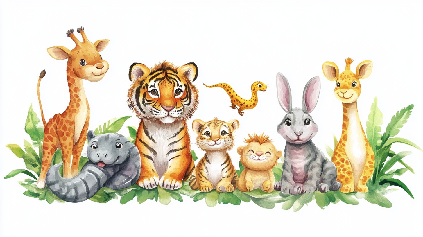 可爱动物家族水彩插画