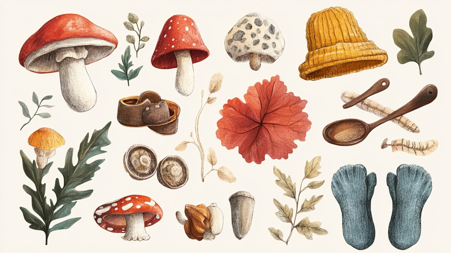 秋季野趣蘑菇与物品插画