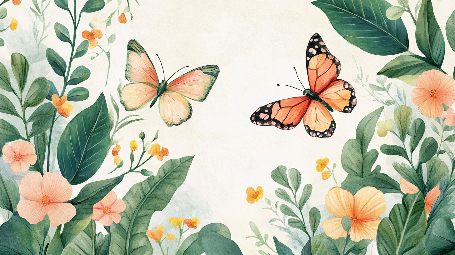 蝴蝶翩跹于花卉绿植间