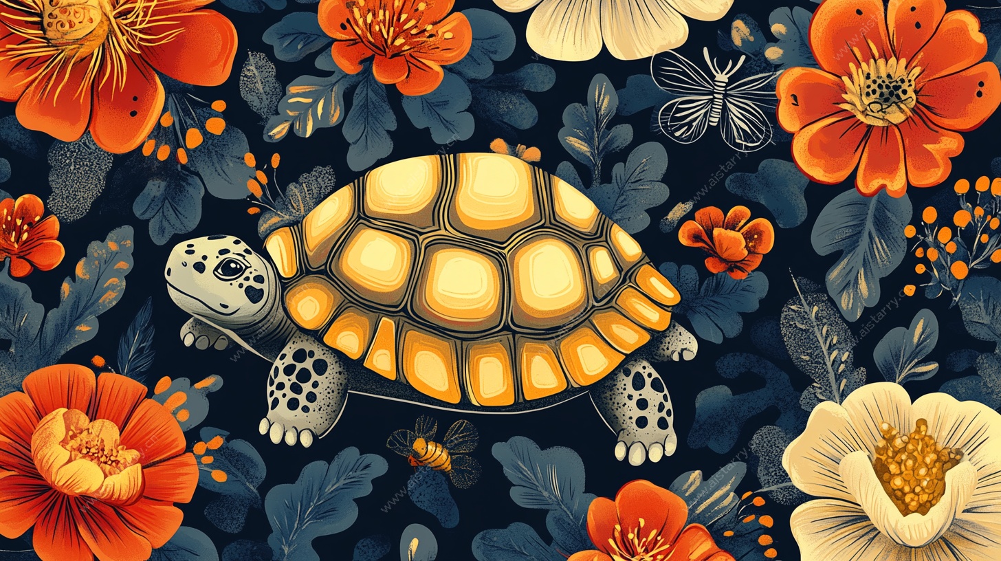 龟行花丛间插画
