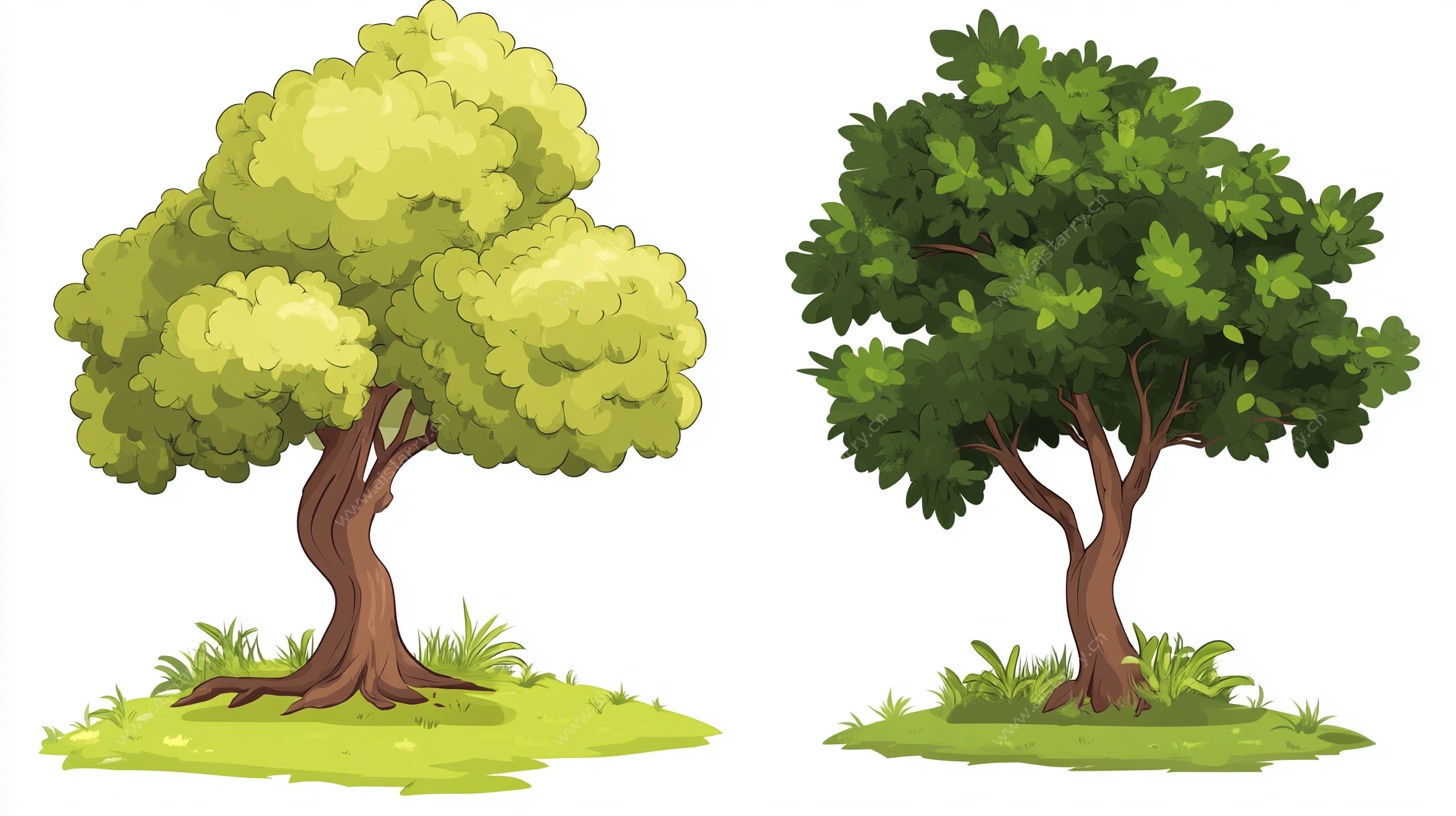 两棵卡通风格的绿色树木