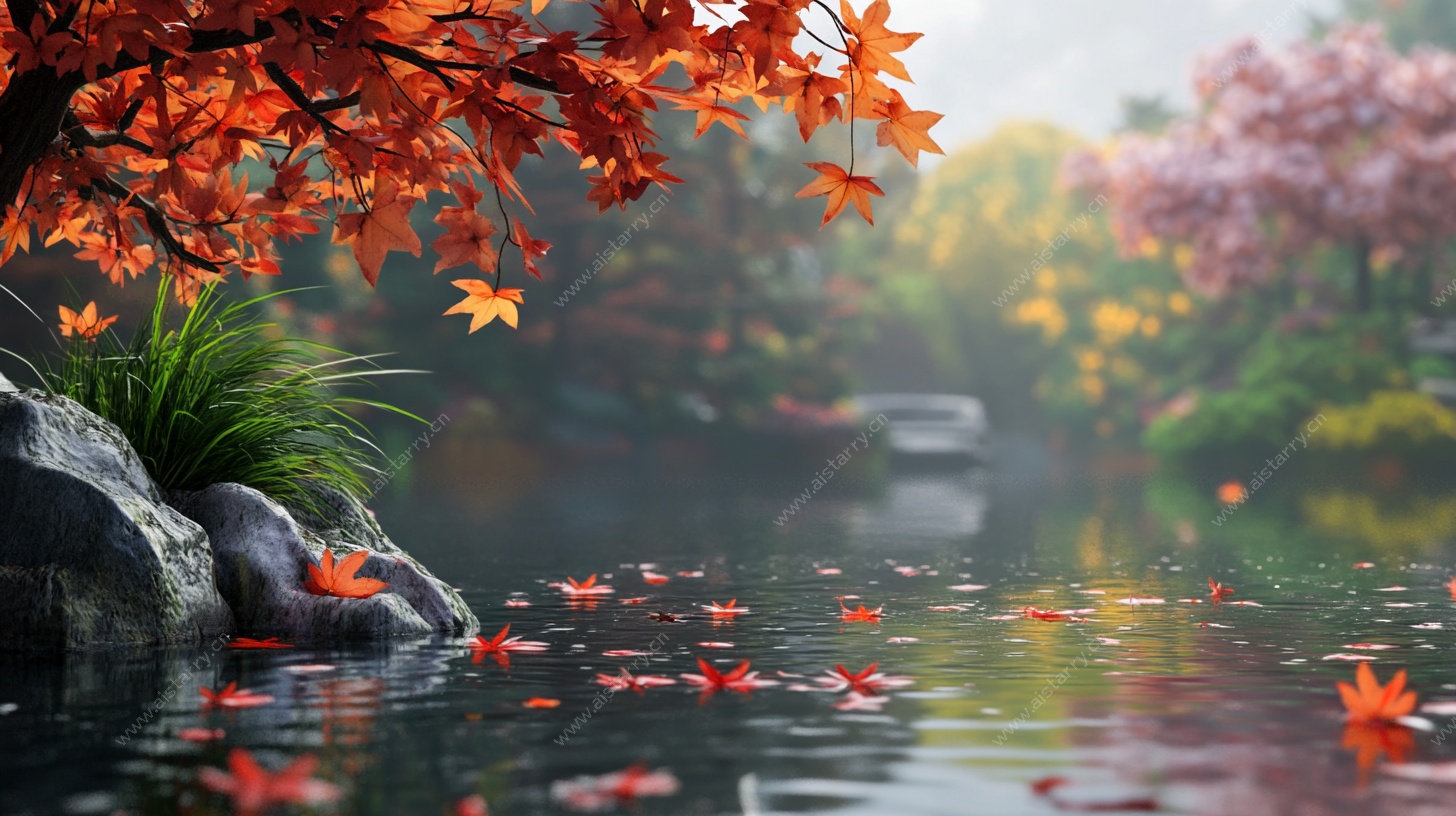 秋日湖畔红叶景致