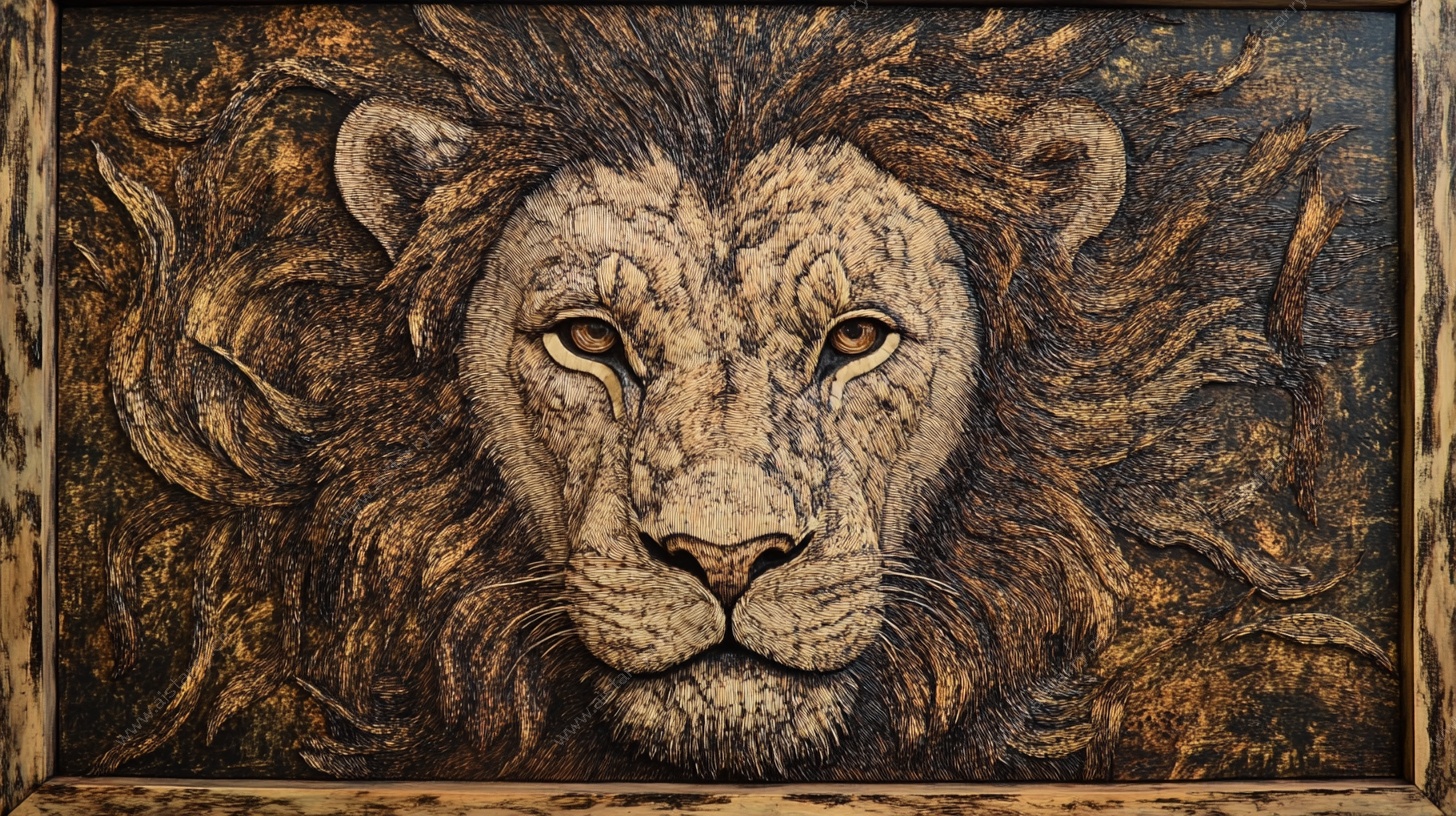 木雕雄狮头像特写