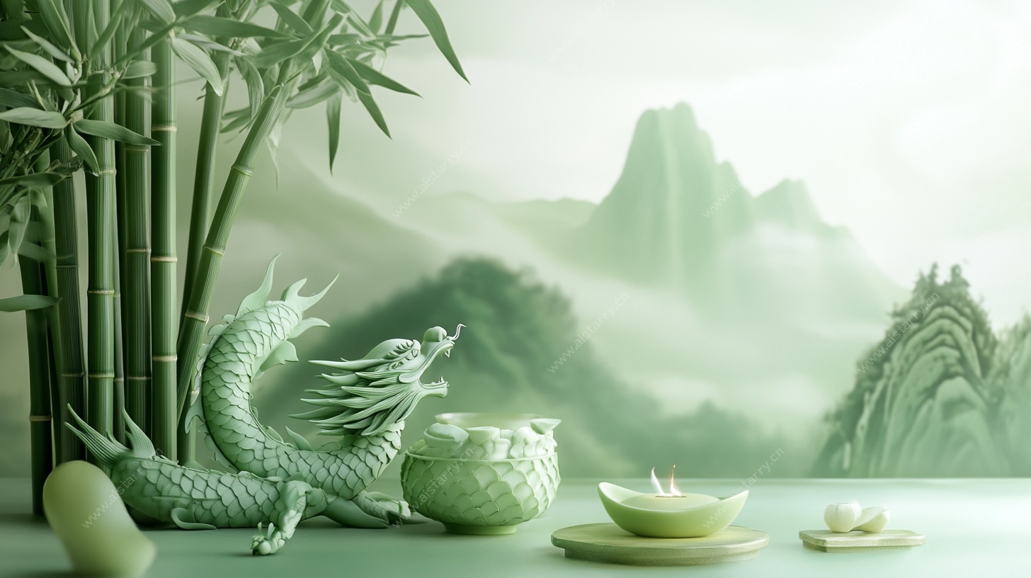 青绿色调龙与茶具山水图